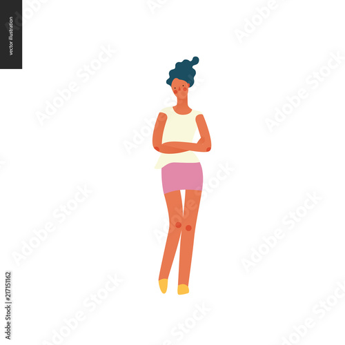 Bright people portraits - young woman, hand drawn flat style vector doodle design illustration of a serious sunburnt girl standing with her arms crossed, concept illustration