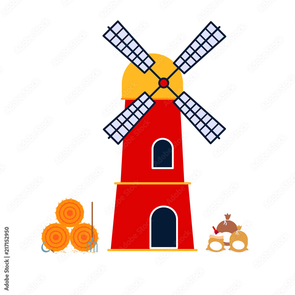 Tradicional wind mill building with bale of hay and bags with flour flat style design vector illustration. Scene elements for slat style landscapes Tradicional wind mill building with bale of hay and bags with flour flat style design vector illustration. Scene elements for slat style landscapes