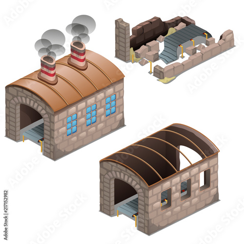 The abandoned ruins of old looted factory isolated on white background. The set of stage of process of bankruptcy and ruin of the enterprise. Cartoon vector close-up illustration.