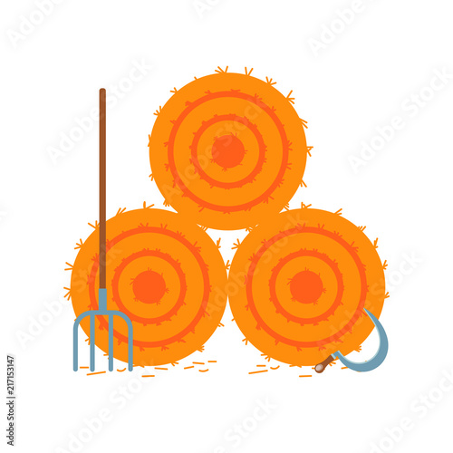 Flat style design dried haystack isolated on white background vector illustration. Bale of hay, hayfork and sickle icons signs like symbol of fall harvest, haystack, hayrick