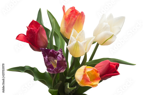 Fototapeta Naklejka Na Ścianę i Meble -  Bouquet of colorful and beautiful tulips flowers isolated on white background. Still life, wedding. Flat lay, top view