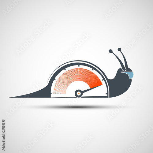 Logo snail with a power arrow. Icon sports stopwatch or speedometer