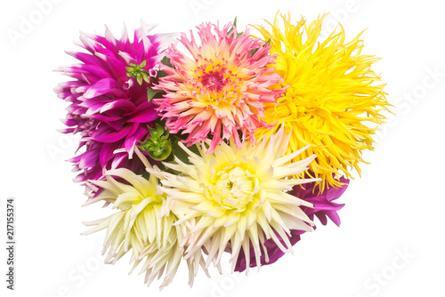 Fototapeta Naklejka Na Ścianę i Meble -  Flowers of beautiful bouquet dahlias macro nature isolated on white background. Botanical, concept, flora, idea. Flat lay, top view. Wedding, bride, love