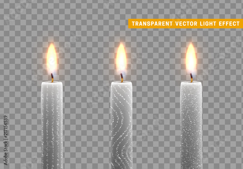 Candles burn with fire. Set of paraffin candles realistic isolated on transparent background. Element for design decor, vector illustration