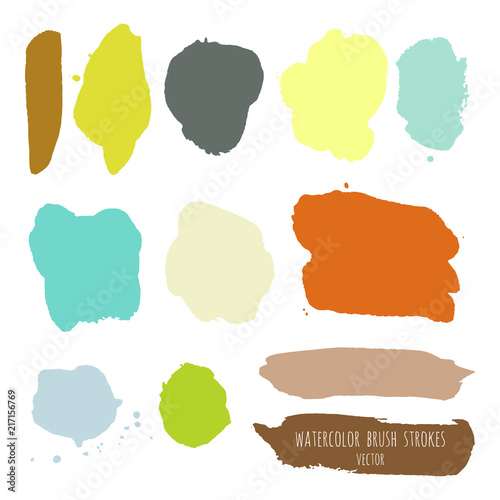 Vector grunge watercolor ink texture set of hand painted pastel powder color dry brush splashes, strokes, stains, spots, elements, lines, templates, dirty geometric shapes. Freehand drawing, isolated.