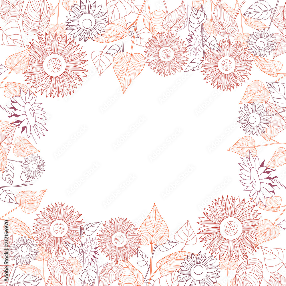 Square frame of sunflowers. Line drawing on white background. Autumn. Hand drawn vector.