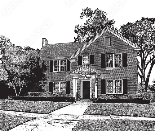 Fototapeta Naklejka Na Ścianę i Meble -  Typical Suburb House in Vintage Style. Black and white vector graphic illustration of traditional American residential building in suburban neighborhood or small town.