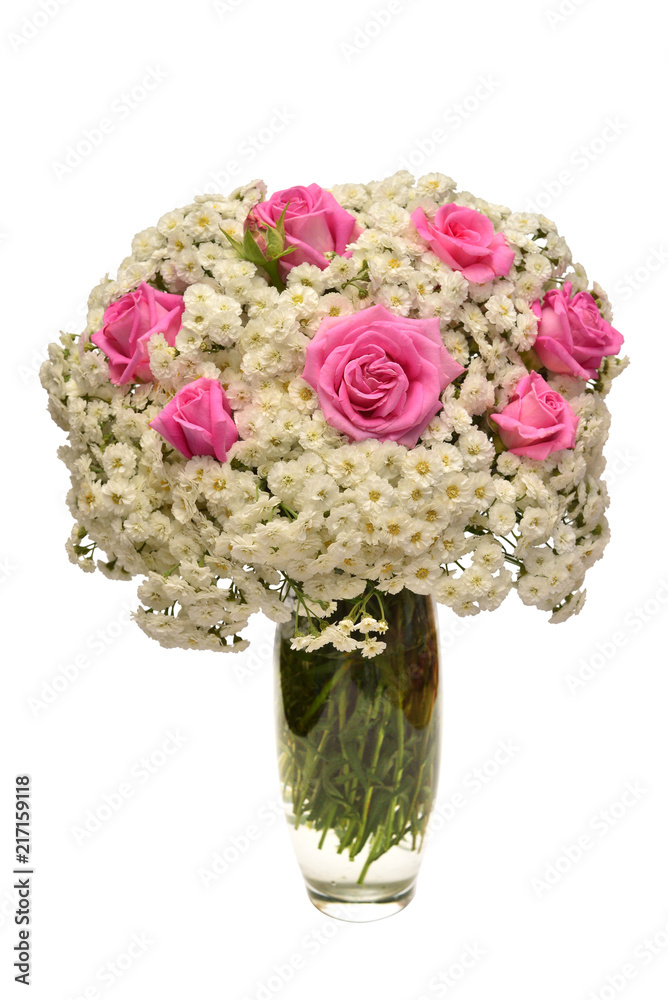 Flower arrangement in bouquet of yarrow and rose in a vase isolated on white background. Floral pattern, still-life, object. Flat lay, top view
