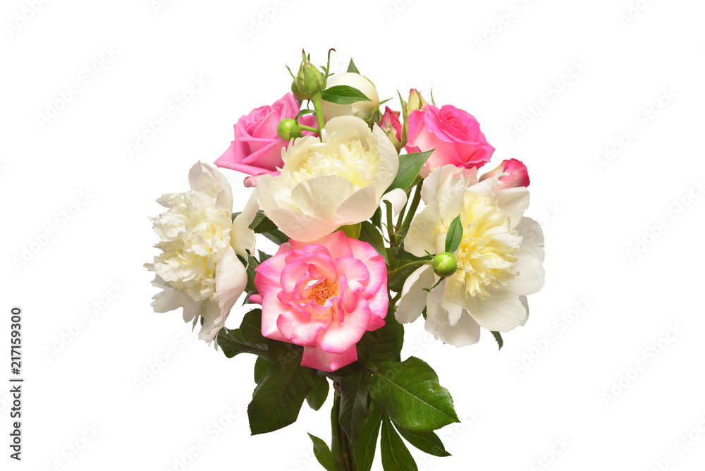 Beautiful bouquet flowers of roses and peonies isolated on a white background. Flat lay, top view. Love. Valentine's Day