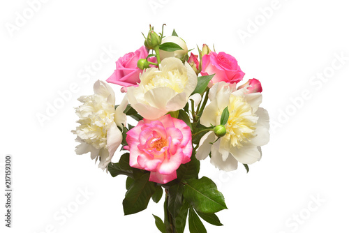 Beautiful bouquet flowers of roses and peonies isolated on a white background. Flat lay  top view. Love. Valentine s Day
