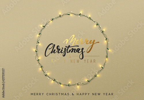 Glowing Christmas lights wreath for Xmas holiday greeting cards design.