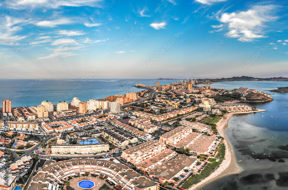 La Manga del Mar Menor sand-bank, apartments and buildings, Murcia, Spain 2018 from drone