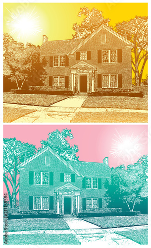 Typical Suburb House in Vintage Style - Summer and Autumn View. Vector graphic illustration of traditional American residential building in suburban neighborhood or small town.
