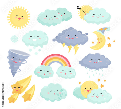 Cartoon weather icons vector set isolated from background