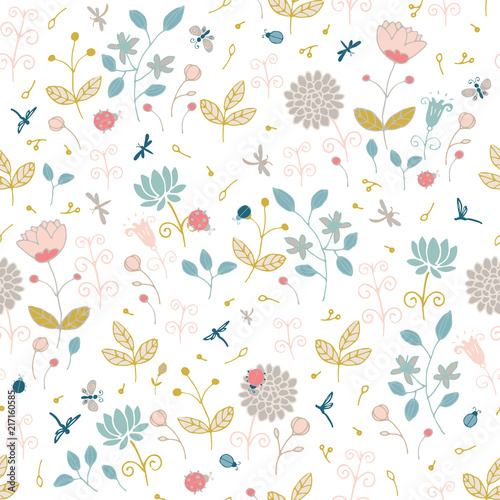 Ladybugs, butterflies, dragonflies on a flower meadow. Seamless pattern with stylized nature.