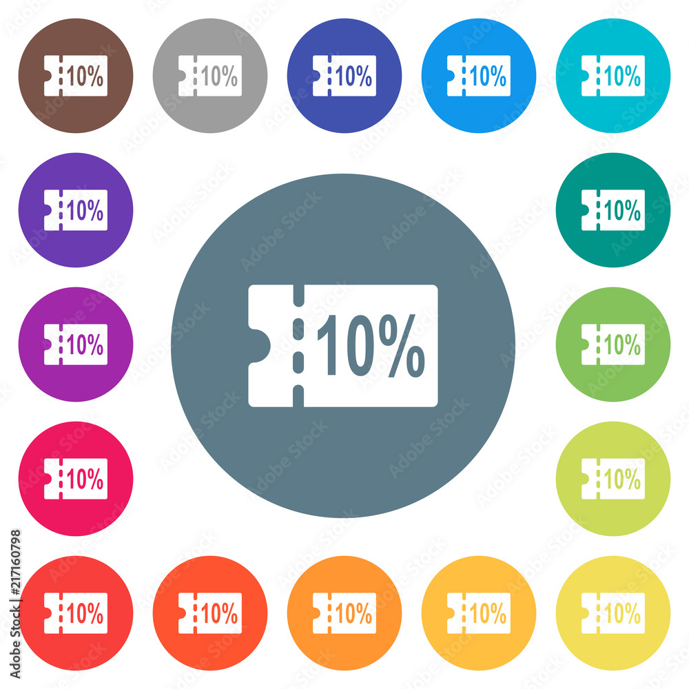 10 percent discount coupon flat white icons on round color backgrounds 10 percent discount coupon flat white icons on round color backgrounds