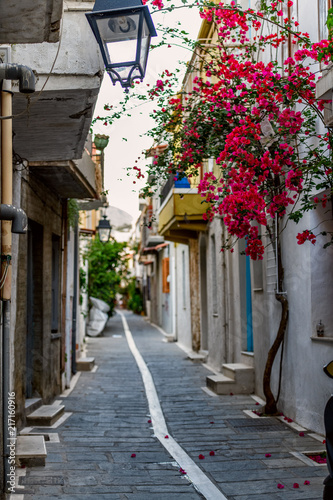 Beautiful street in Rethymno in the evening time. Crete island, Greece.