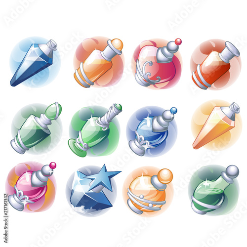 Set of multicolored glass flasks and bottles with magical essences. Vector cartoon close-up illustration.