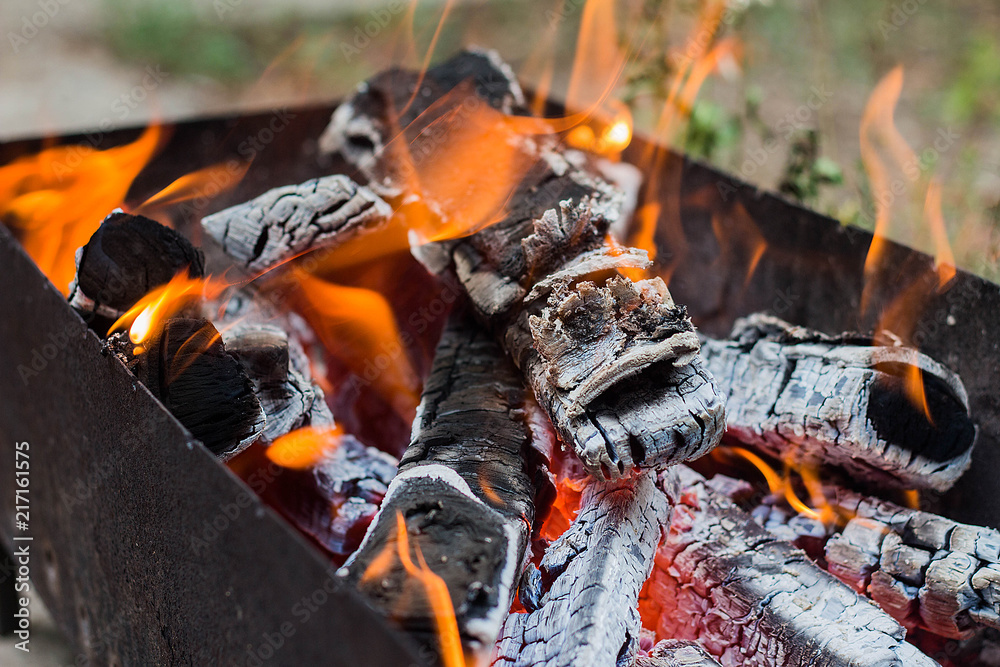 burning wood in a brazier, mangal or bbq burning wood in a brazier, mangal or bbq