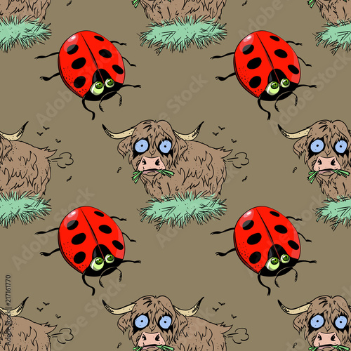 ladybug and farting bull seamless pattern © lkeskinen