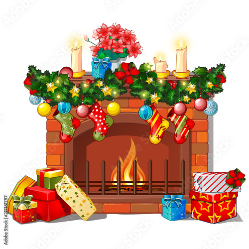 Christmas sketch with the fireplace and decorations, glass balls and baubles. Sketch for greeting card, festive poster, party invitations.The attributes of Christmas and New year. Vector illustration.