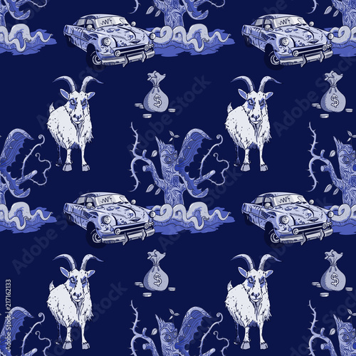 goat, rusty car, money and predator tree seamless pattern