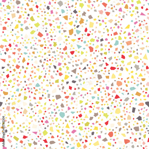 Seamless colorful and bright terrazzo confetti pattern background on white background. Ideal for textile, stationery, packaging, backdrops and wrapping paper