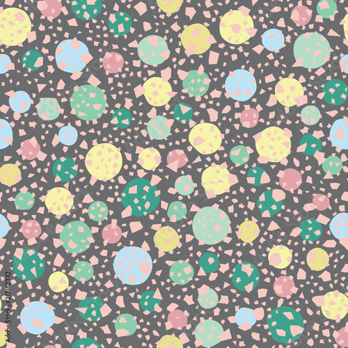  seamless abstract pattern background with colorful hand drawn polka dots and terrazzo confetti texture on dark background. Perfect for textile, stationery, packaging, wrapping paper