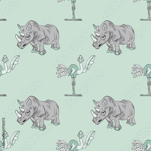 Fototapeta Naklejka Na Ścianę i Meble -  ostrich and rhinoceros seamless pattern