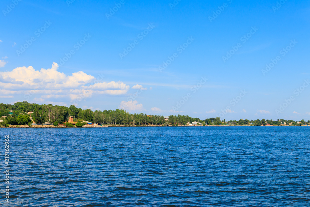View of Nikopol town from Kakhovka reservoir, Ukraine