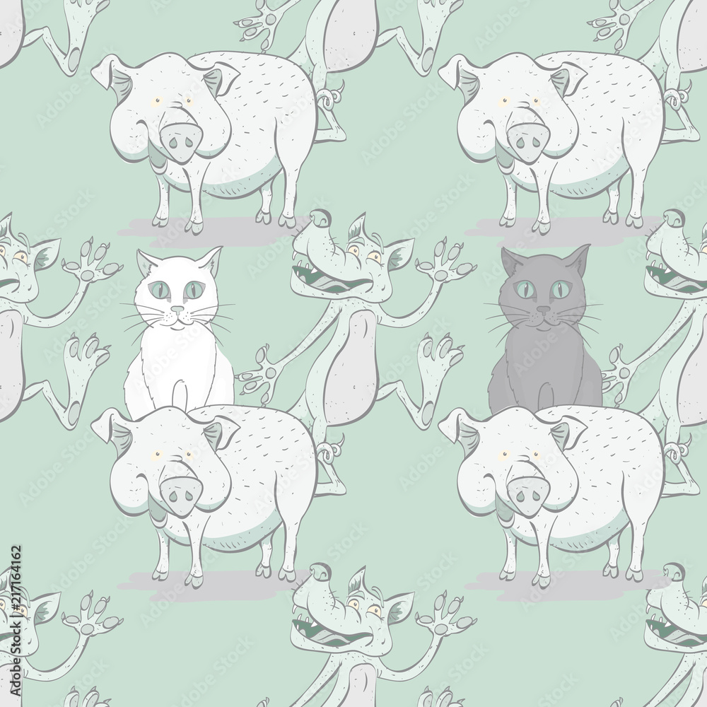 cat, pig and wolf seamless pattern cat, pig and wolf seamless pattern