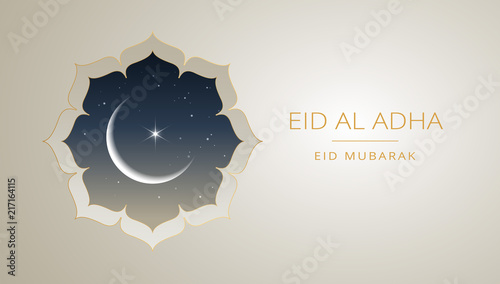 Eid Al Adha Mubarak gold greeting card vector design - islamic beautiful background with moon and golden text - Eid Al Adha, Eid Mubarak. Islamic illustration photo