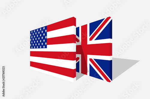 USA and UK flags in 3d perspective with transparent shadow.Symbol of american and britain relationship.