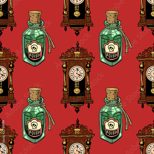 Vintage poison and antique clock seamless pattern