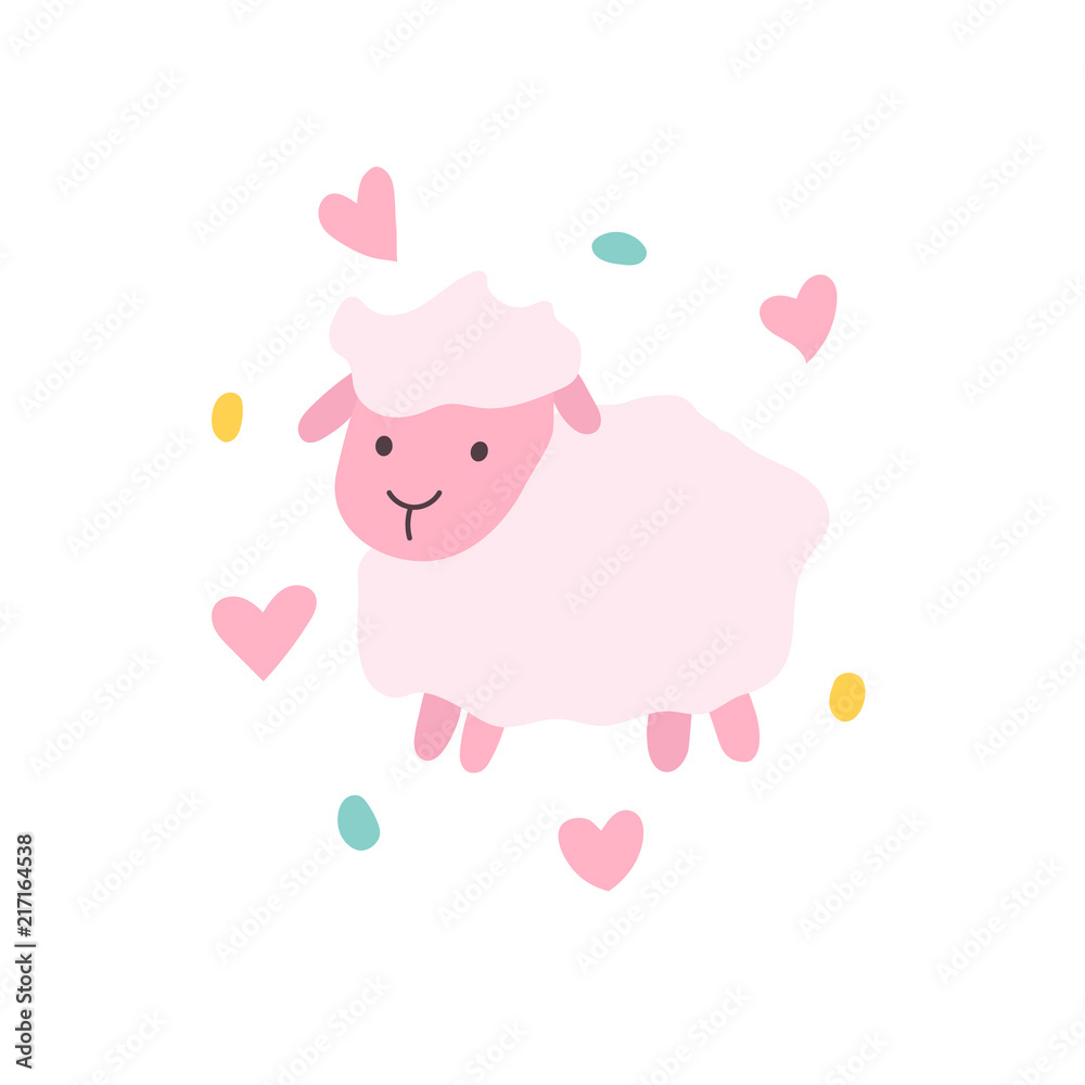 Vector cute pink cartoon sheep with hearts and dots Vector cute pink cartoon sheep with hearts and dots