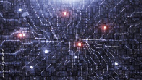 Fototapeta Naklejka Na Ścianę i Meble -  3d render Digital background with neon circuit and cube