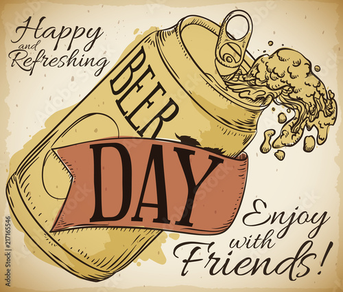 Delicious Beer in a Can with Ribbon for Beer Day, Vector Illustration
