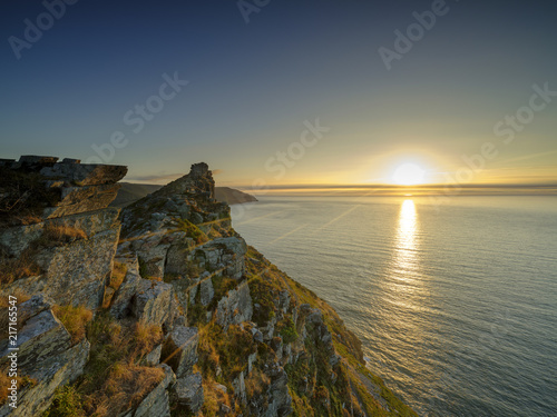 Summer sunset over the Valley of Rocks, near Lynton in the Exmoor National Park, Devon, UK