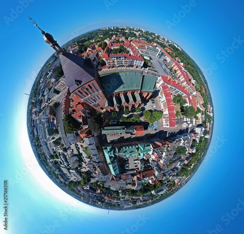 Aerial view on spherical panorama city, old town, city center, green city, cathedral.
