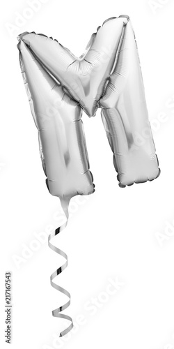 Silver letter M made of inflatable balloon with ribbon isolated on white