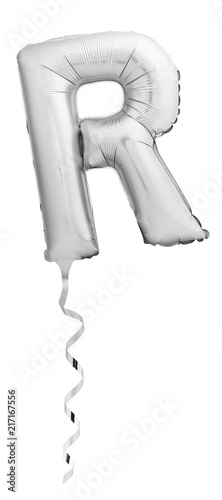Silver letter R made of inflatable balloon with ribbon isolated on white