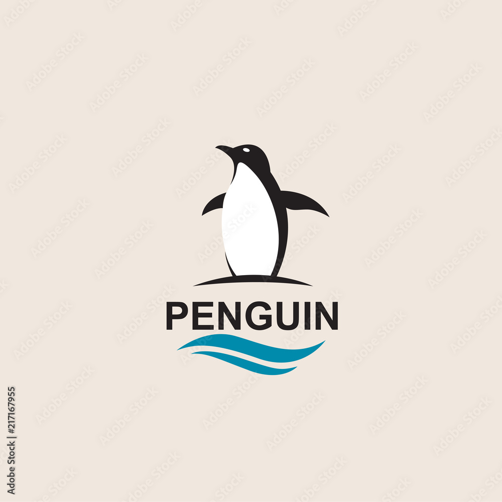 Fototapeta premium ikona ptak czarny pingwin na białym tle falami morskimi