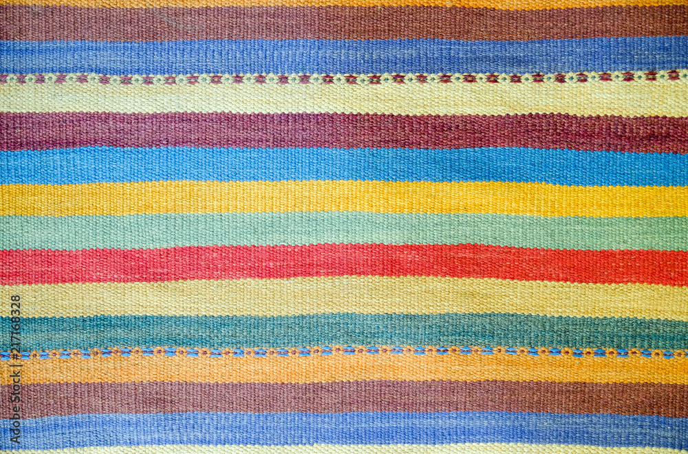 Colorful traditional Peruvian style, close-up rug surface.