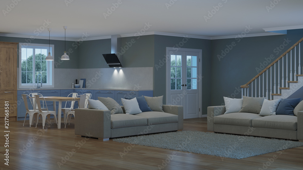 Fototapeta premium Modern house interior. Night. Evening lighting. 3D rendering.