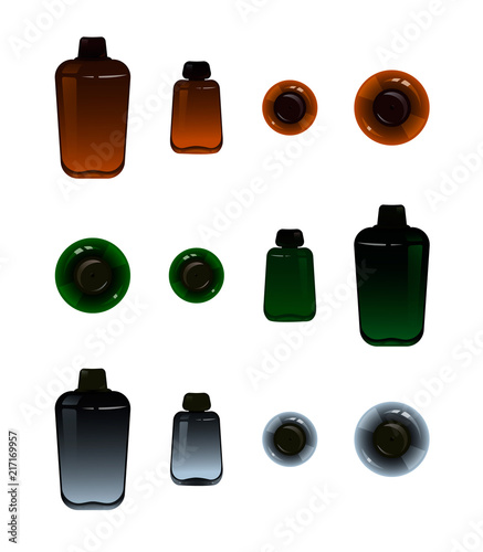 Set of reagents or medical bottles isolated on white background. Side and top view