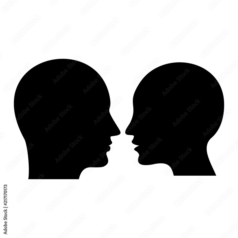 Human profile. Black silhouette of man and woman head. Flat vector cartoon illustration. Objects isolated on white background.