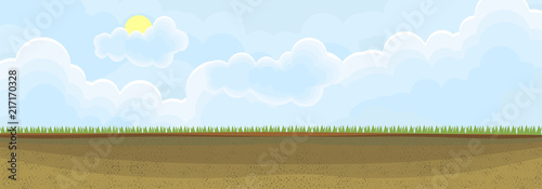 Abstract spring landscape with blue sky, yellow sun and soil