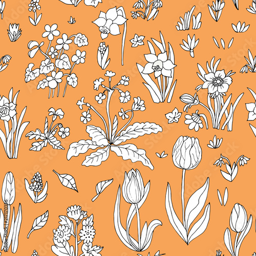 Flowers seamless pattern collection set on orange background. Ve