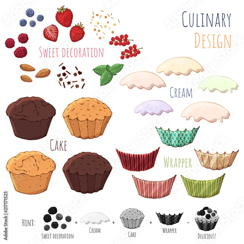 Group of vector colorful illustrations on the sweets theme; set of isolated products for cooking cupcake. Pictures contain realistic shadows and glare.