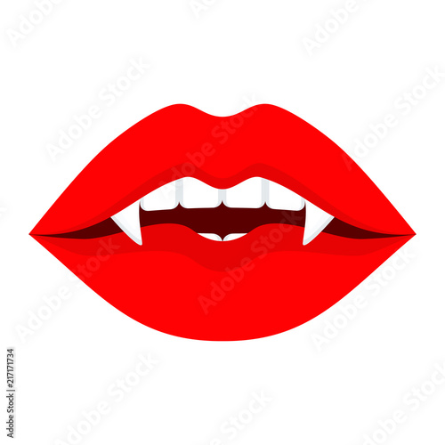 Sexy red female vampire lips. Halloween party character. Design elements for advertising and promotion. Flat vector cartoon illustration. Objects isolated ongreen background.